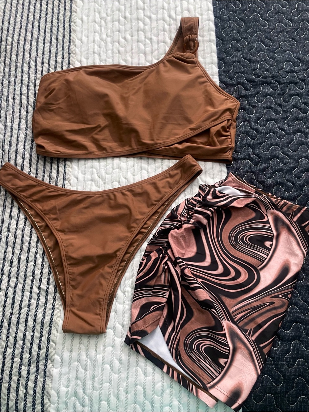 Amazon Brown One-Shoulder 3 Piece Bikini Set with Swirl Cover-Up Skirt NWOT - XL